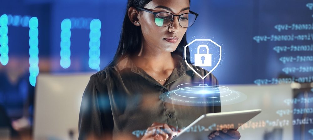 Lock,Hologram,,Tablet,And,Woman,With,Data,Analysis,Safety,,Software